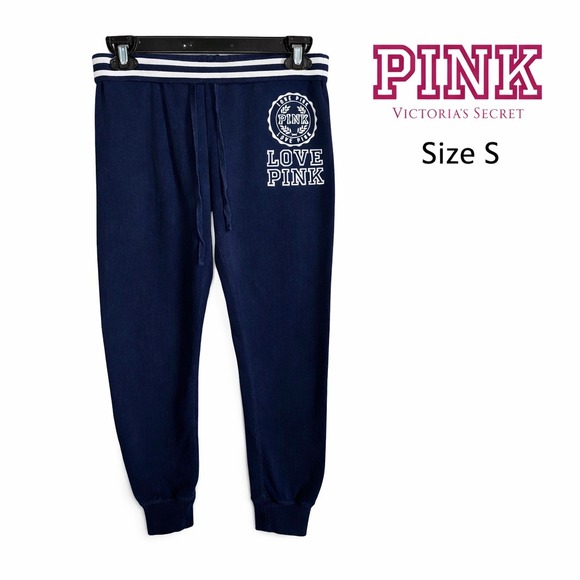 PINK Victoria's Secret Pants - Victorias Secret PINK Love Pink Joggers Navy Logo Sweatpants Women Size S Lounge